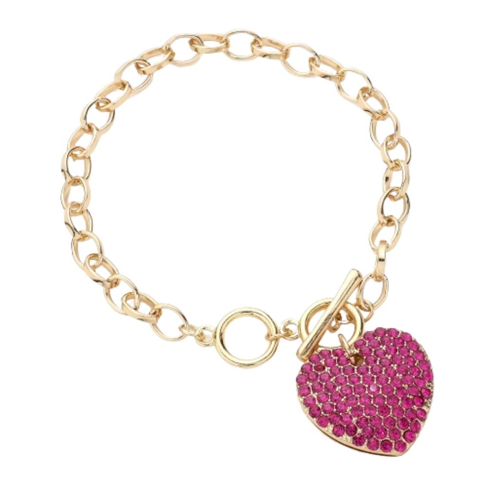 Stone Paved Heart Pendant Metal Toggle Women Bracelet Custom Jewelry